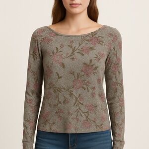 Lucky Brand Floral Ribbed Knit Long Sleeve Top XS Boho Cottagecore